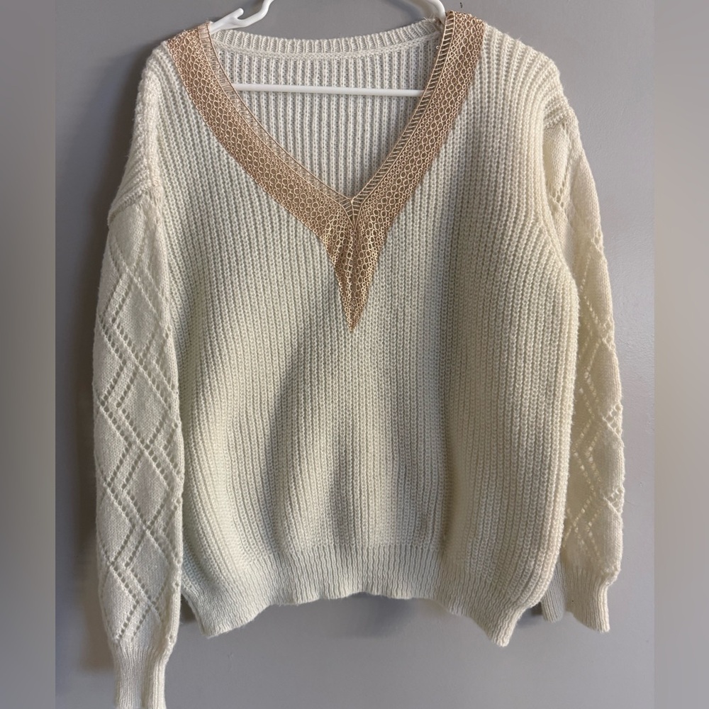 Cream V-Neck Knit Sweater with Tan Trim - Women